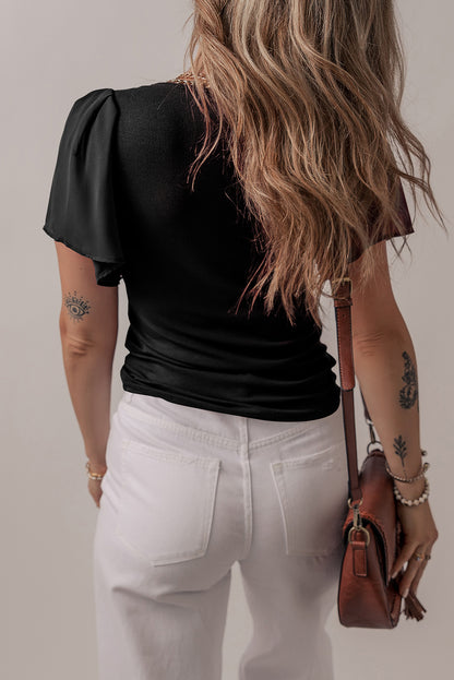 Black Mesh Ruffled Sleeve Slim Fit V Neck Top