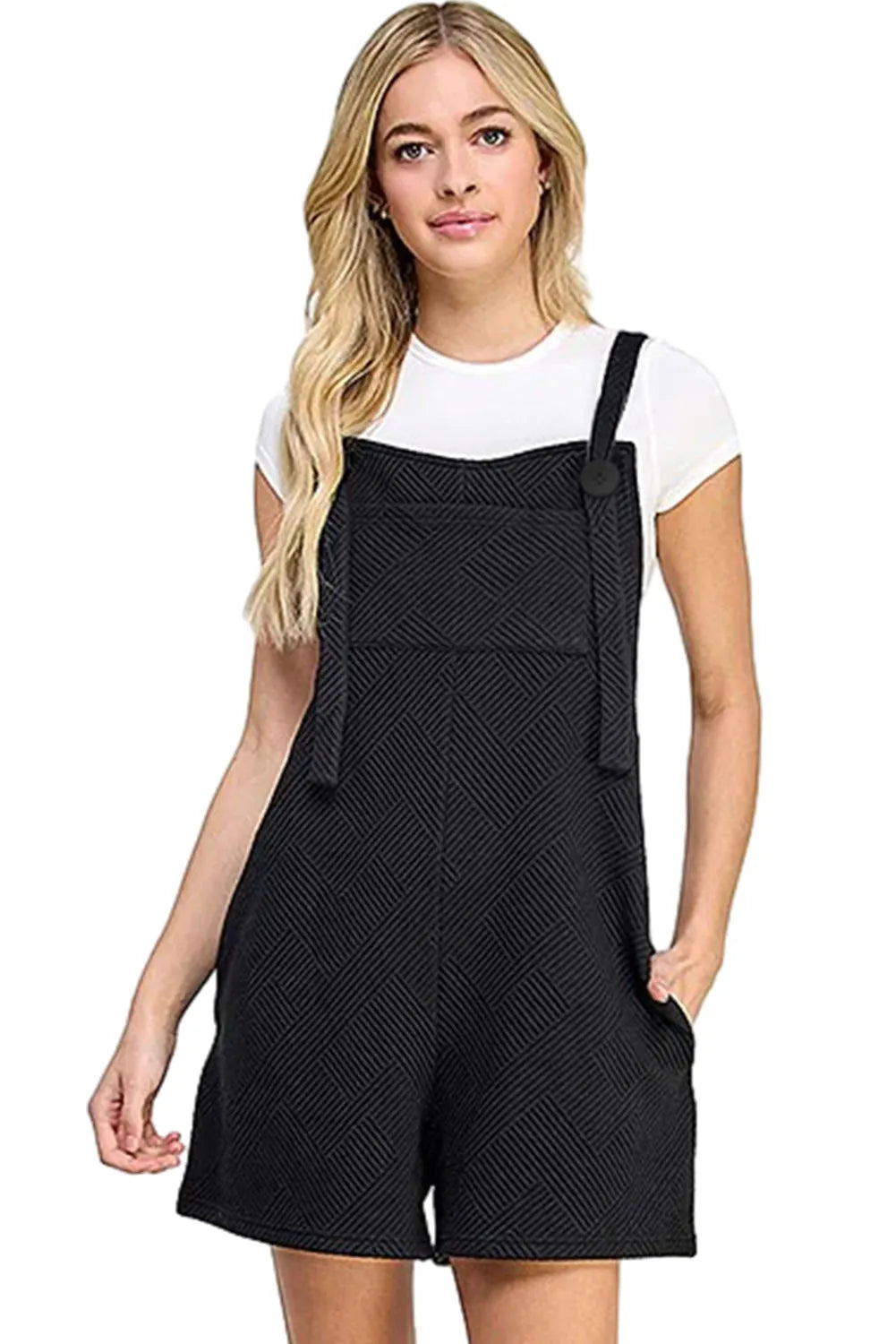 Black Adjustable Straps Textured Romper - Chic Meadow Boutique 