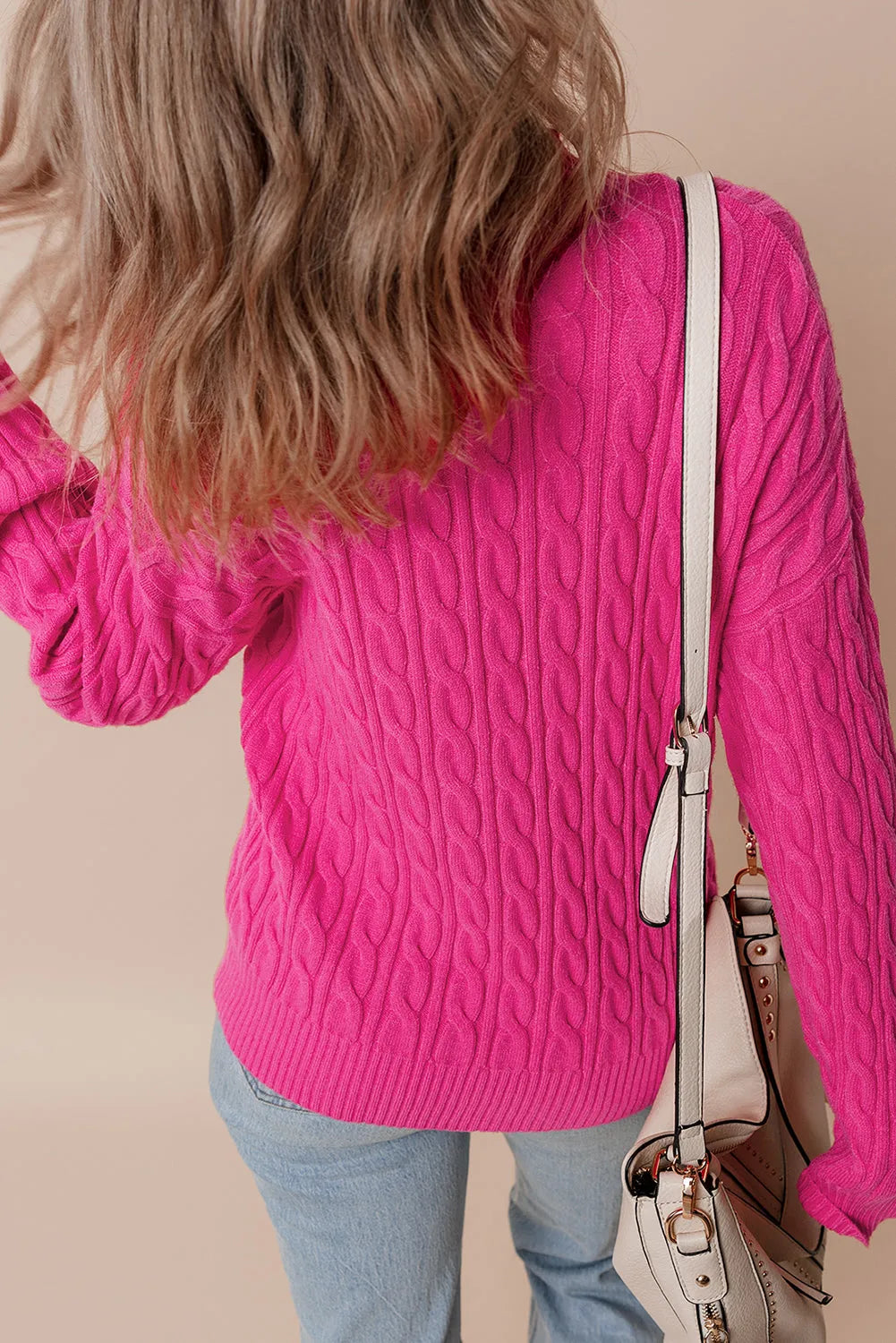 Rose Red Solid Cable Knit High Neck Drop Shoulder Sweater - Chic Meadow Boutique 