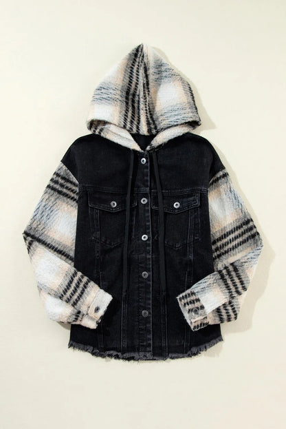 Black Plaid Sleeve Frayed Hem Hooded Denim Jacket - Chic Meadow Boutique 