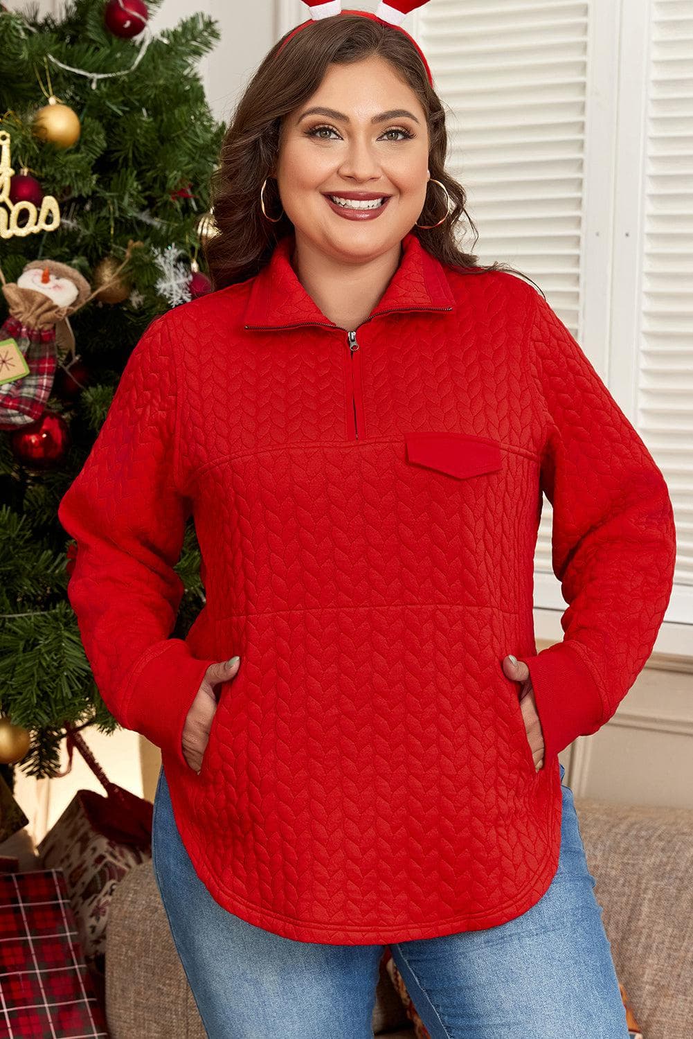 Plus Size/Plus Size Sweatshirts & Hoodies Tomato Red Cable Textured Quarter Zip Pocketed Plus Size Pullover