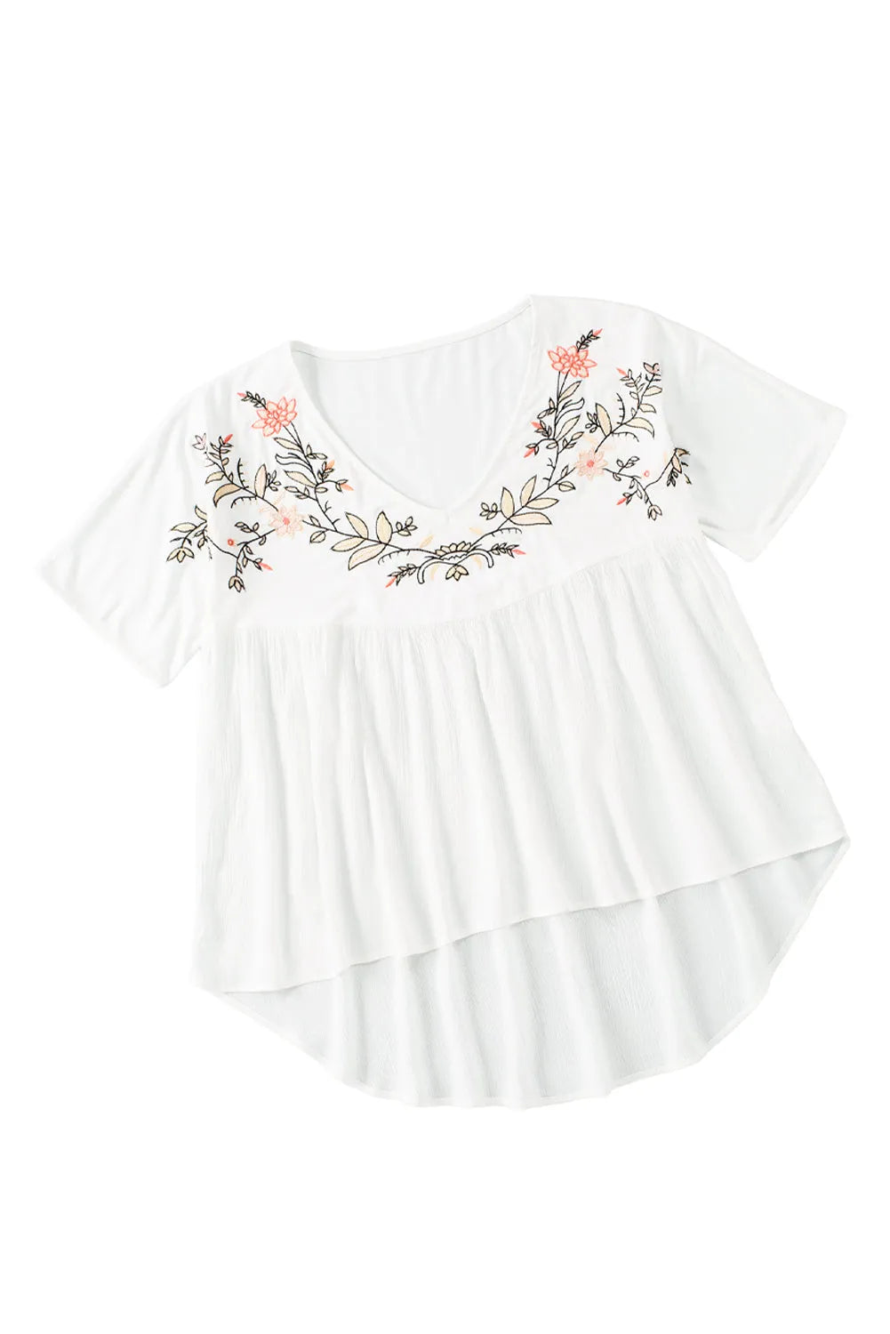 White Floral Embroidered V Neck Crinkle Babydoll Blouse - Chic Meadow Boutique 