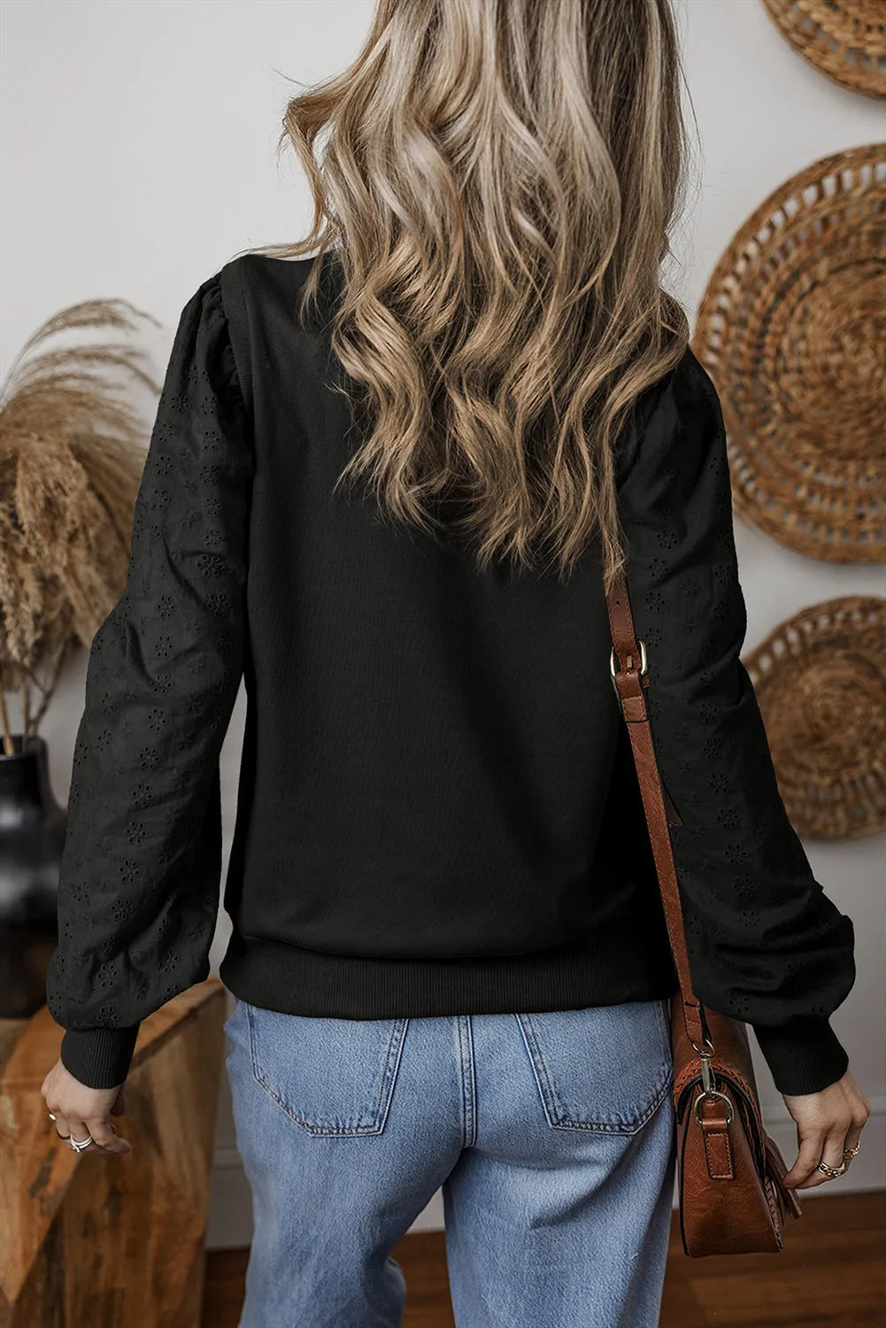 Black Textured Patchwork Round Neck Sweatshirt - Chic Meadow Boutique 