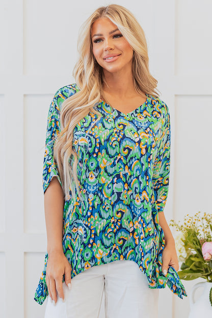 Green Abstract Print V Neck Half Sleeve Loose Fit Tunic Blouse