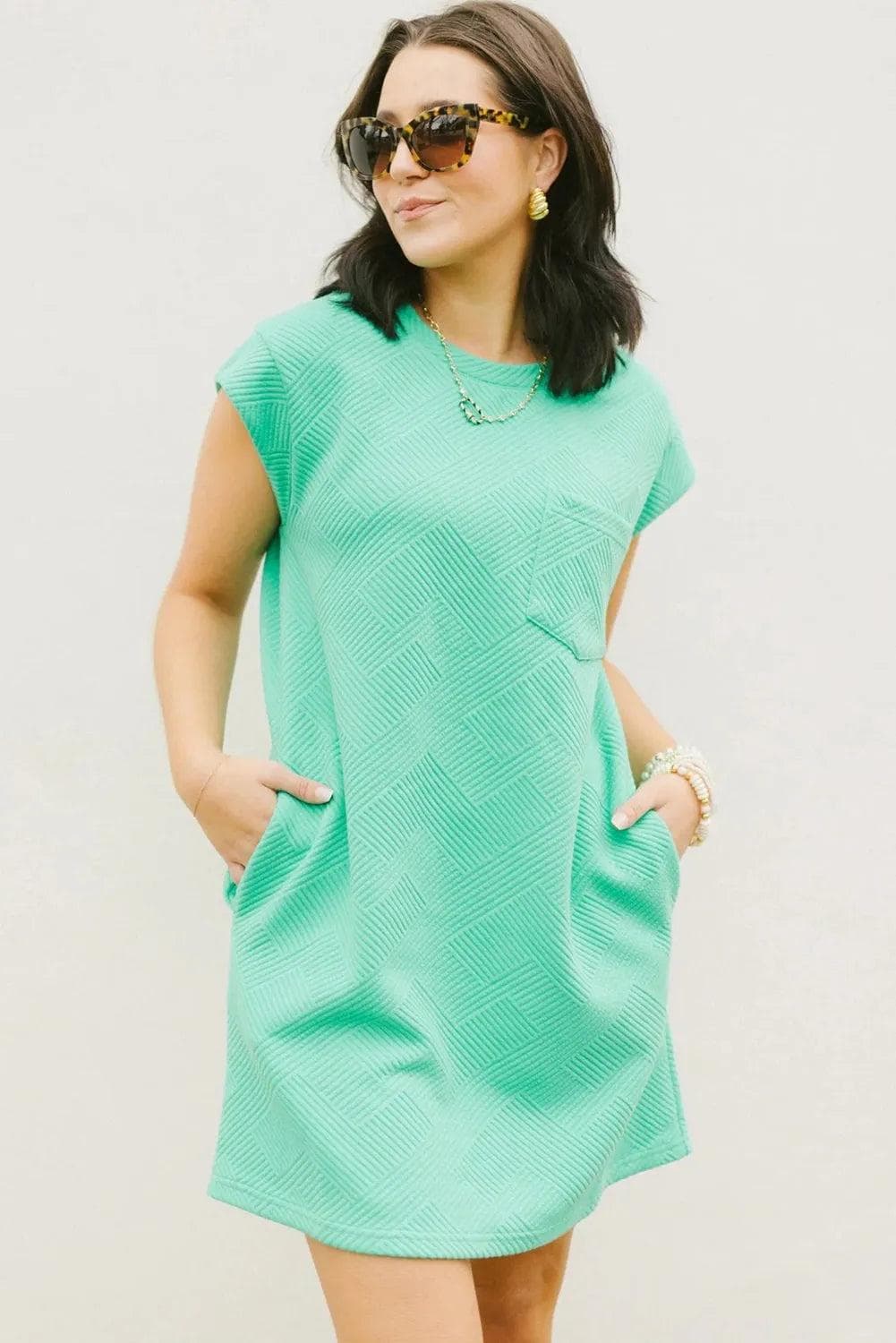 Dresses/T Shirt Dresses Mint Green Textured Cap Sleeve T Shirt Dress