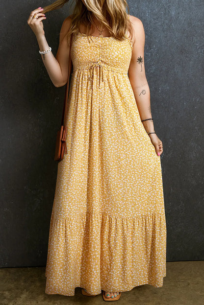 Yellow Frilly Smocked High Waist Floral Maxi Dress - Chic Meadow Boutique 