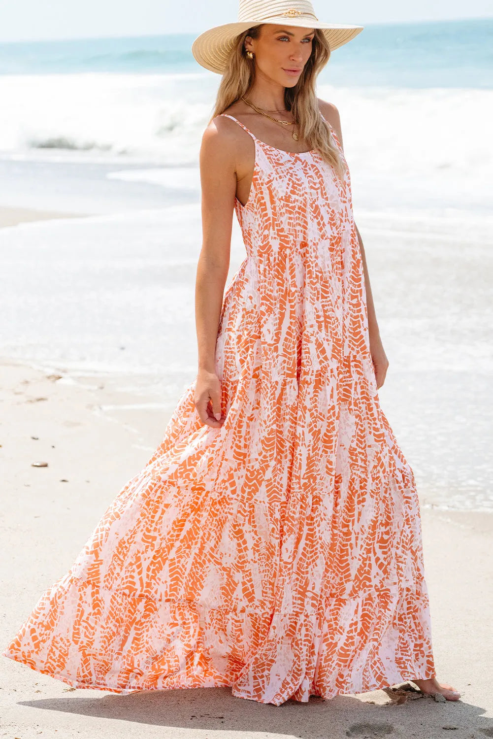 Orange Abstract Print Spaghetti Straps Backless Tiered Maxi Dress - Chic Meadow Boutique 