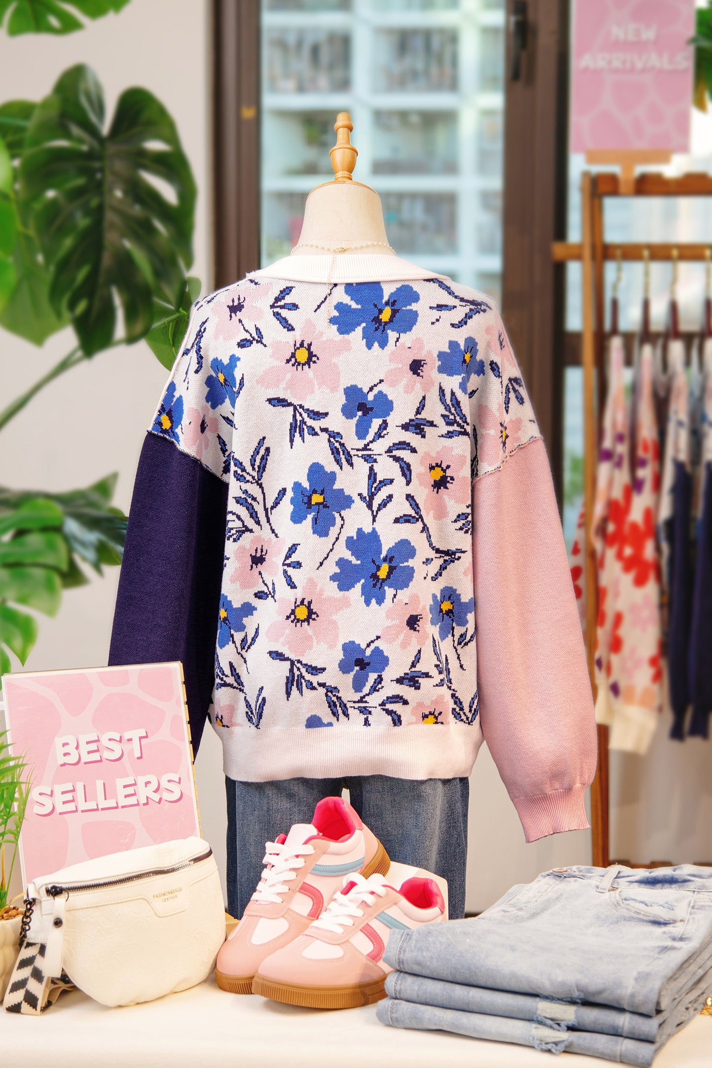 Khaki Floral Panel Colorblock Sleeve Patchwork Sweater