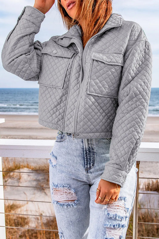 Gray Quilted Pocketed Zip-up Cropped Jacket - Chic Meadow Boutique 