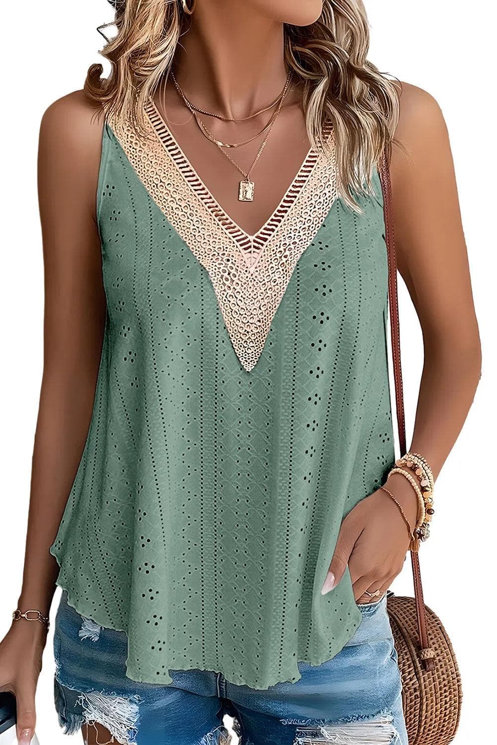 Mist Green Lace Crochet Splicing V Neck Loose Fit Tank Top - Chic Meadow Boutique 