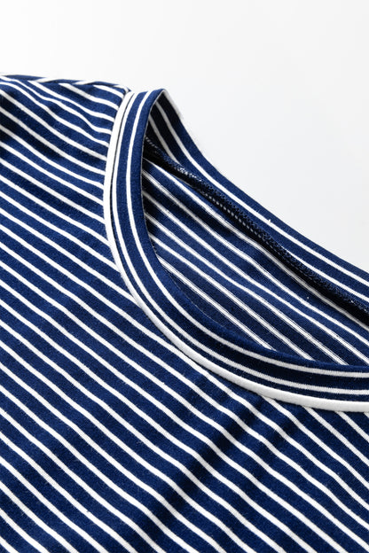 Blue Stripe Drop Shoulder Round Neck Long Sleeve Tee and Buttoned Shorts 2pcs Lounge Set