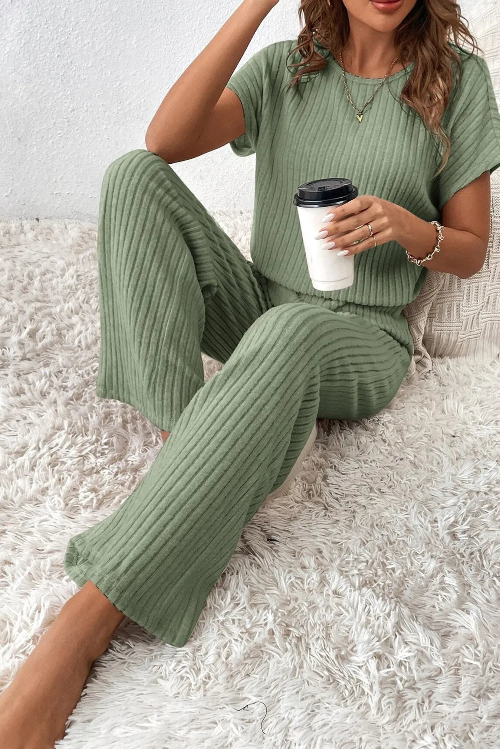 Grass Green Solid Color Ribbed Short Sleeve Wide Leg Jumpsuit - Chic Meadow Boutique 