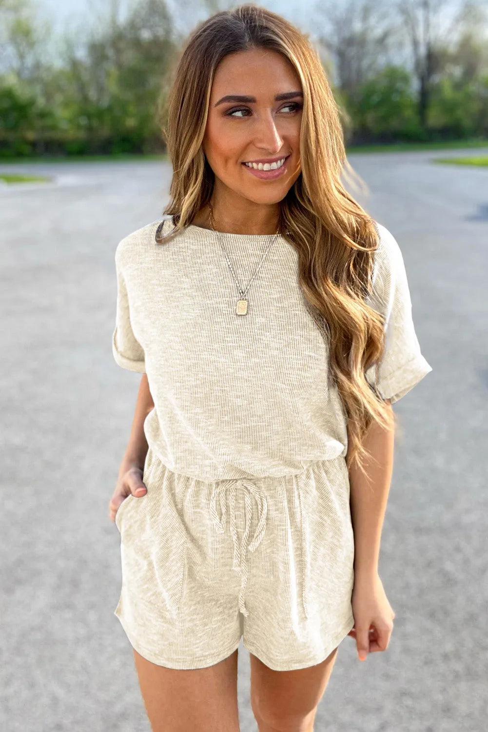 Beige Ribbed Elastic Waist Romper - Chic Meadow Boutique 