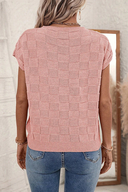 Dusty Pink Lattice Textured Knit Short Sleeve Sweater - Chic Meadow Boutique 