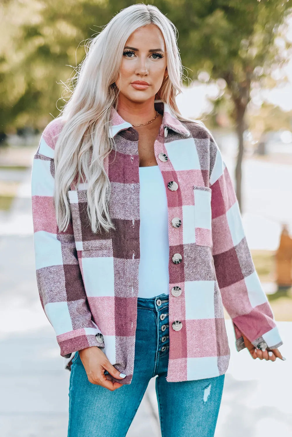 Plaid Color Block Buttoned Long Sleeve Jacket with Pocket - Chic Meadow Boutique 