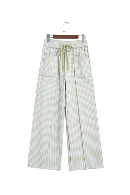 Green Plaid Contrast Trim Drawstring Elastic Waist Shift Pants