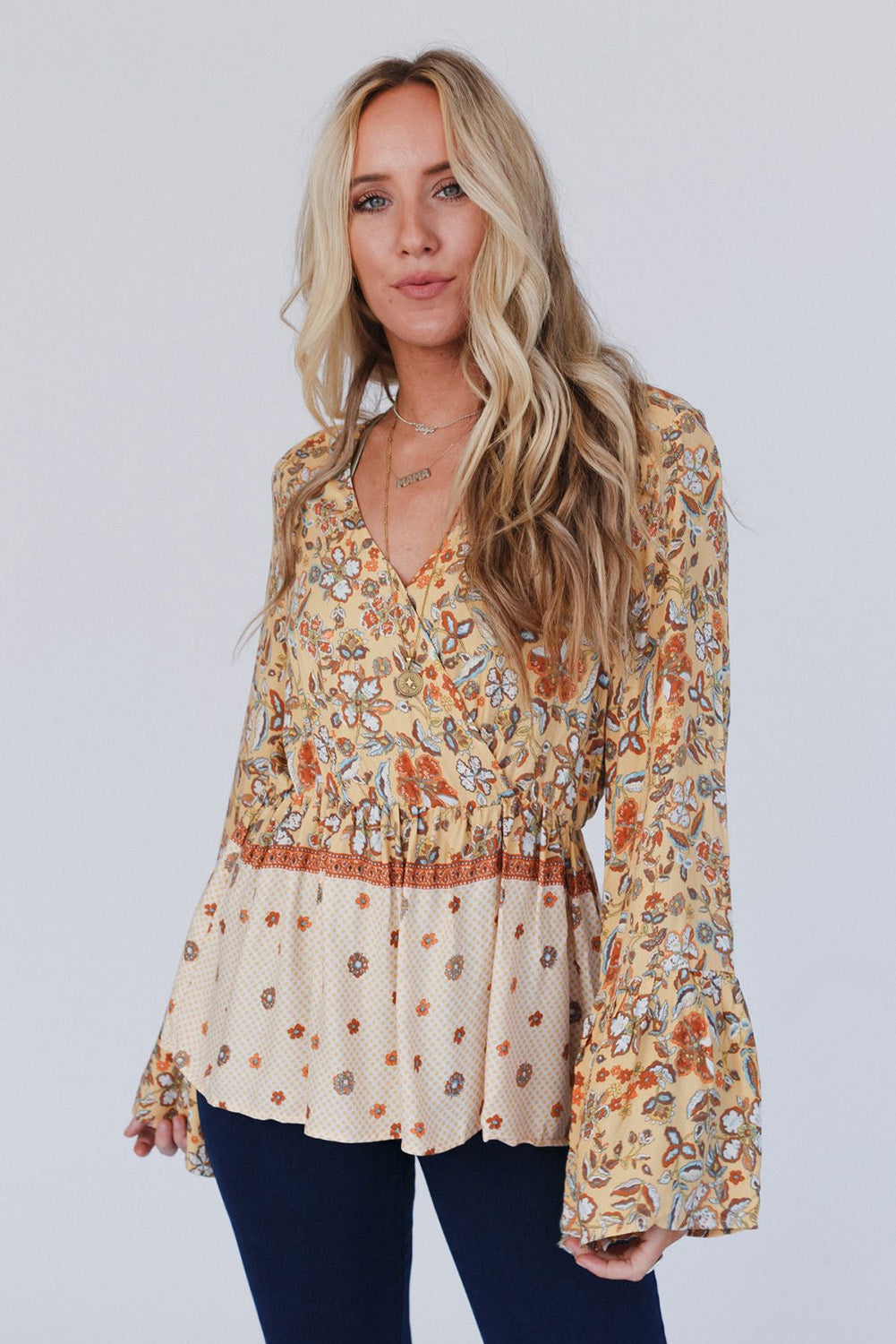 Yellow Printed Floral Bell Sleeve V Neck Wrapped Contrast Peplum Blouse