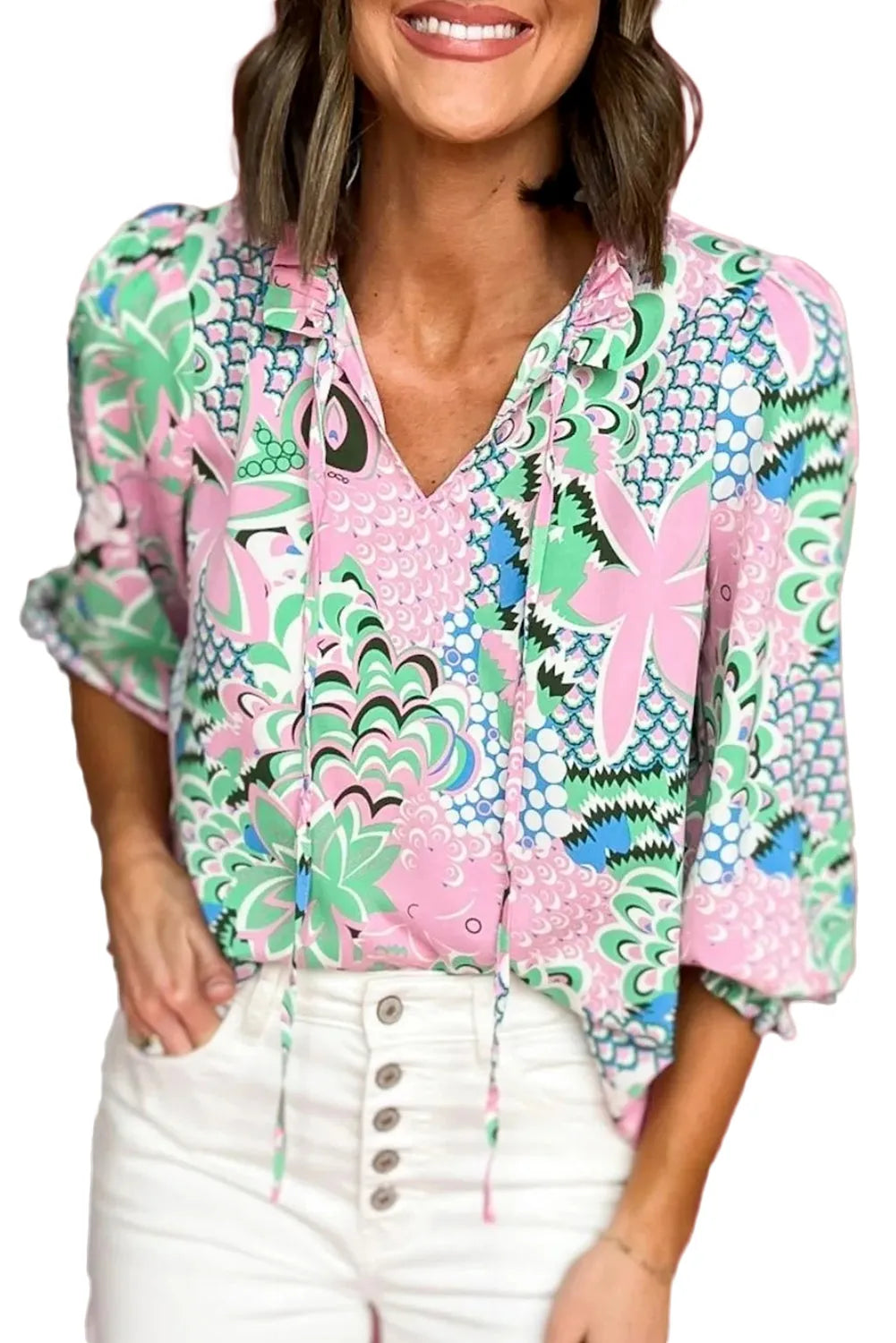 Green Floral Print V Neck Tied Loose Blouse - Chic Meadow Boutique 