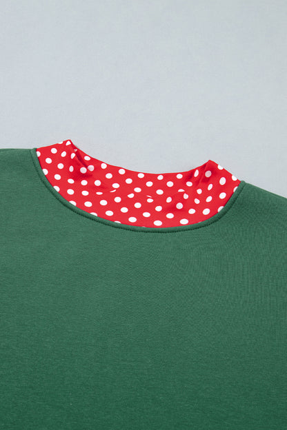 Dark Green Colorblock Polka Dot Contrast Trim Oversized Sweatshirt