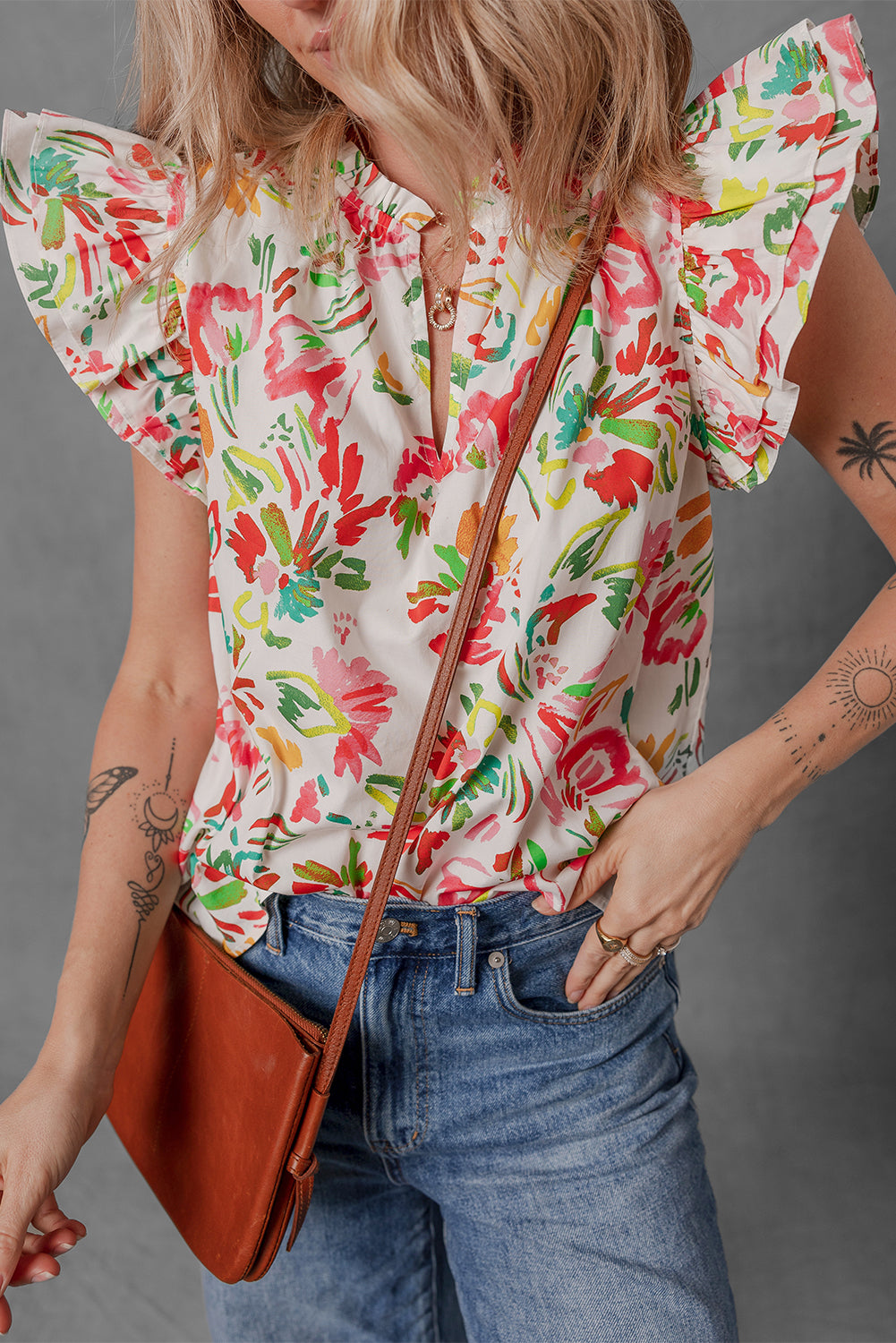 Multicolour Allover Floral Printed Flutter Sleeve Split Neck Blouse