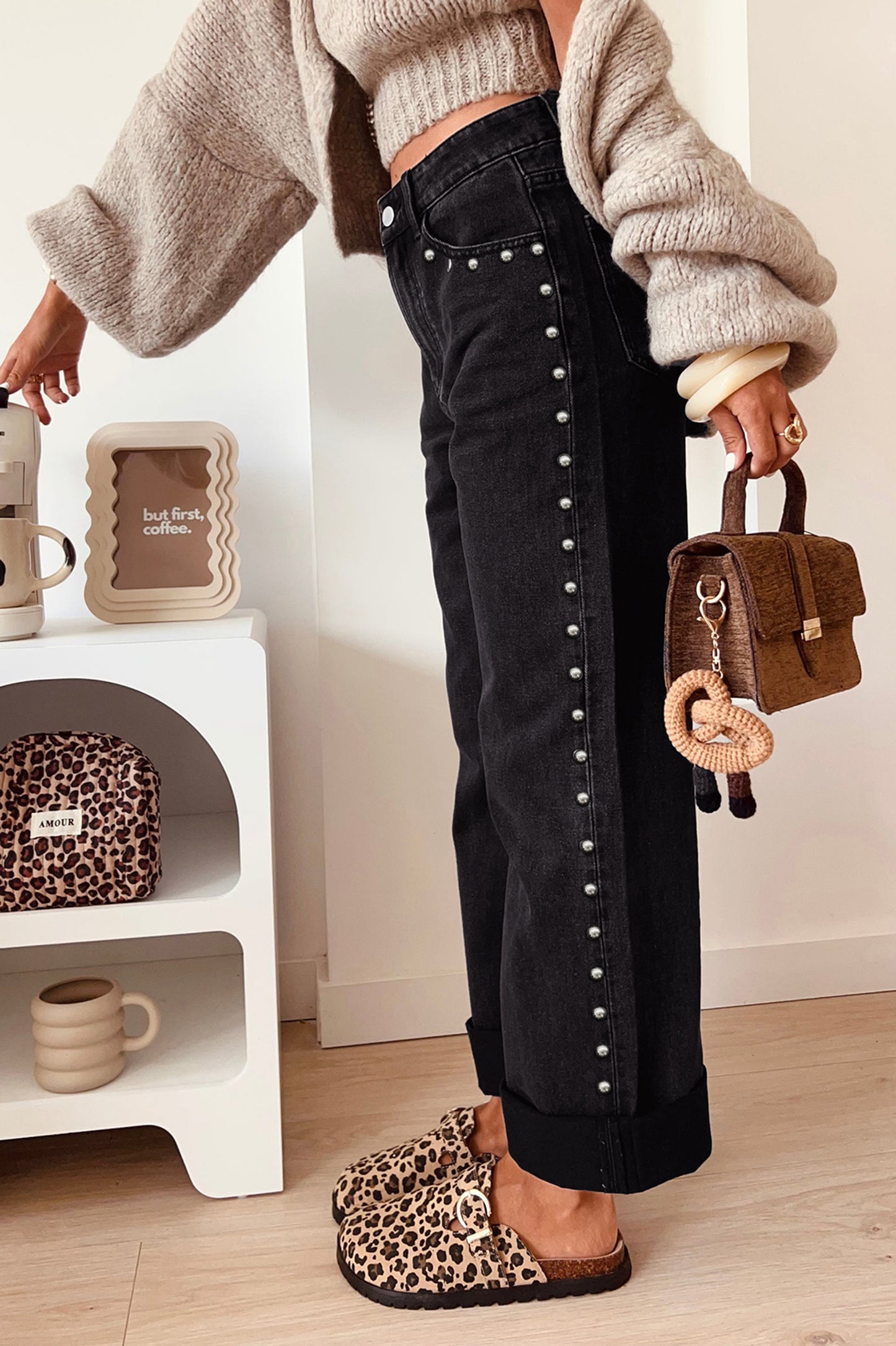 Black Studded Detail Straight Leg Casual Loose Jeans