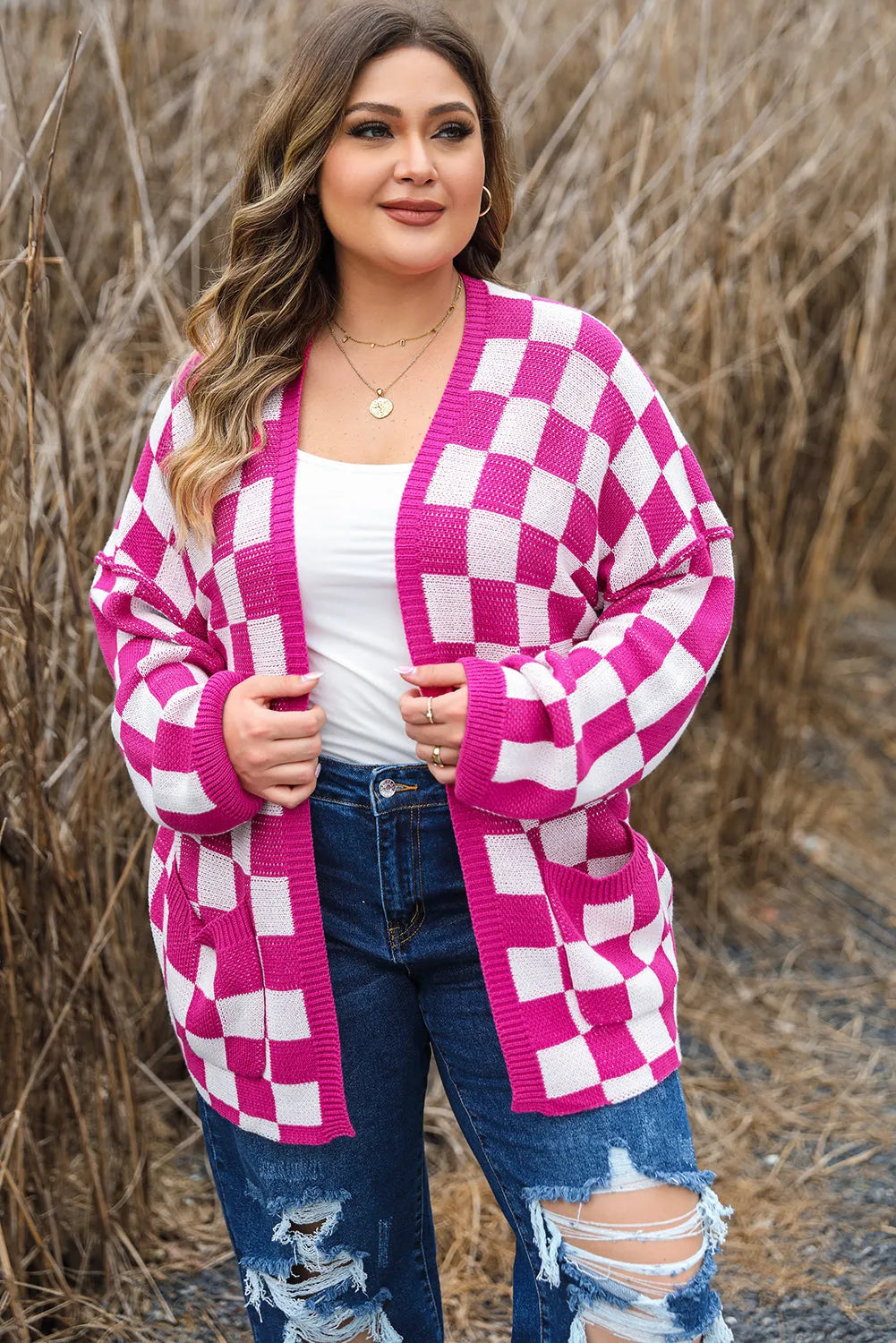 Bonbon Checkered Pattern Open Front Plus Size Cardigan - Chic Meadow Boutique 