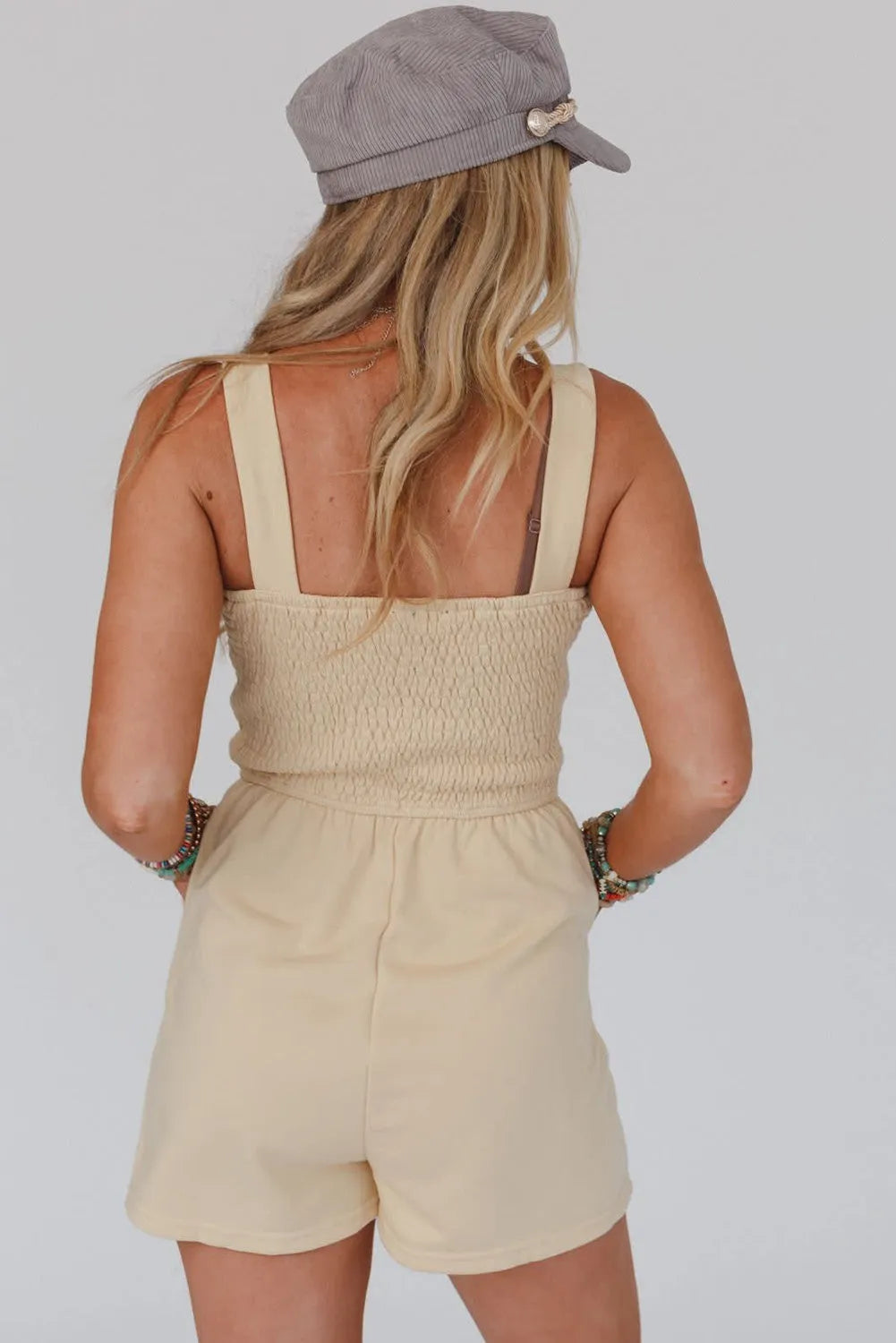 Beige Buttons Smocked Sleeveless Romper - Chic Meadow Boutique 