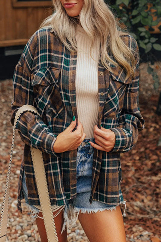 Brown Plaid Print Chest Pockets Buttoned Shirt Jacket - Chic Meadow Boutique 