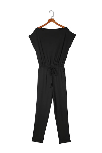 Black Tie Waist Short Sleeve Tapered Jumpsuit - Chic Meadow Boutique 