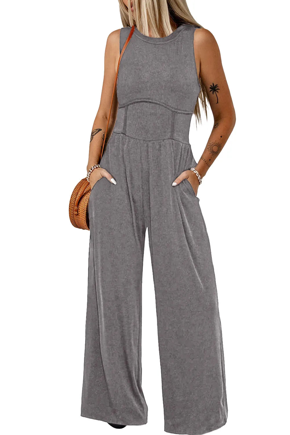 Medium Grey Cinched Waist Sleeveless Wide Leg Jumpsuit - Chic Meadow Boutique 