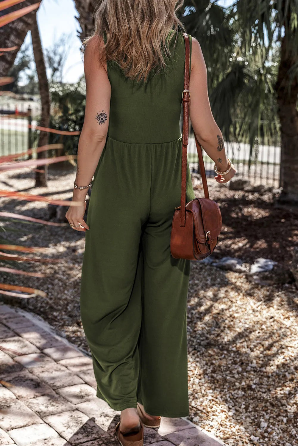 Moss Green Sleeveless V Neck Ruched Wide Leg Jumpsuit - Chic Meadow Boutique 