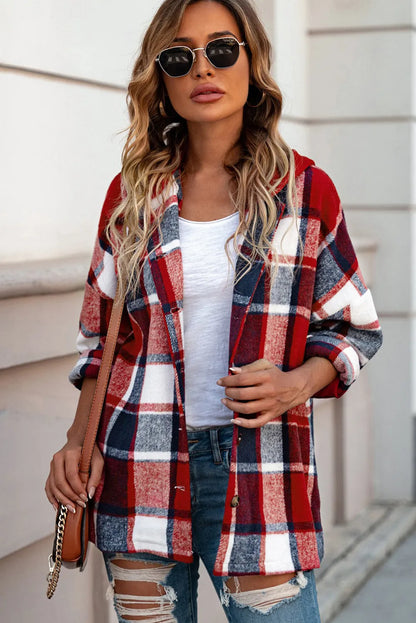 Fiery Red Hooded Plaid Button Front Shacket - Chic Meadow Boutique 