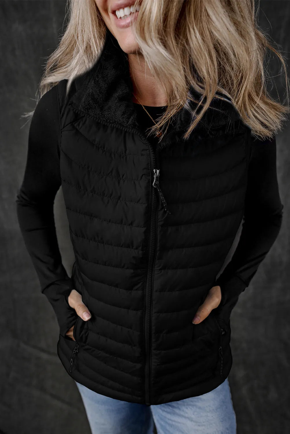 Black Plush Collared Quilted Zipped Puffer Vest - Chic Meadow Boutique 