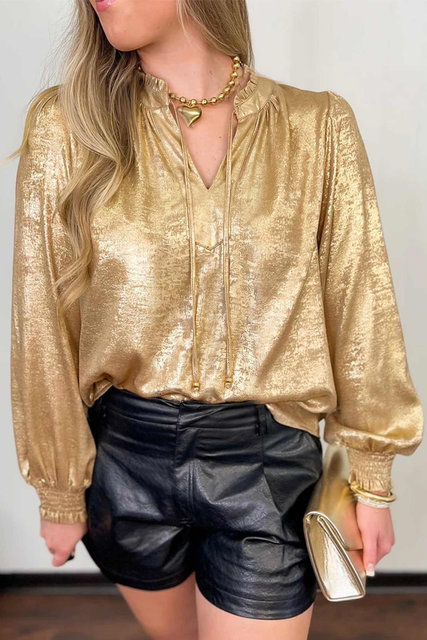 Gold Metallic Sheen V Neck Gathered Cuff Long Sleeve Blouse