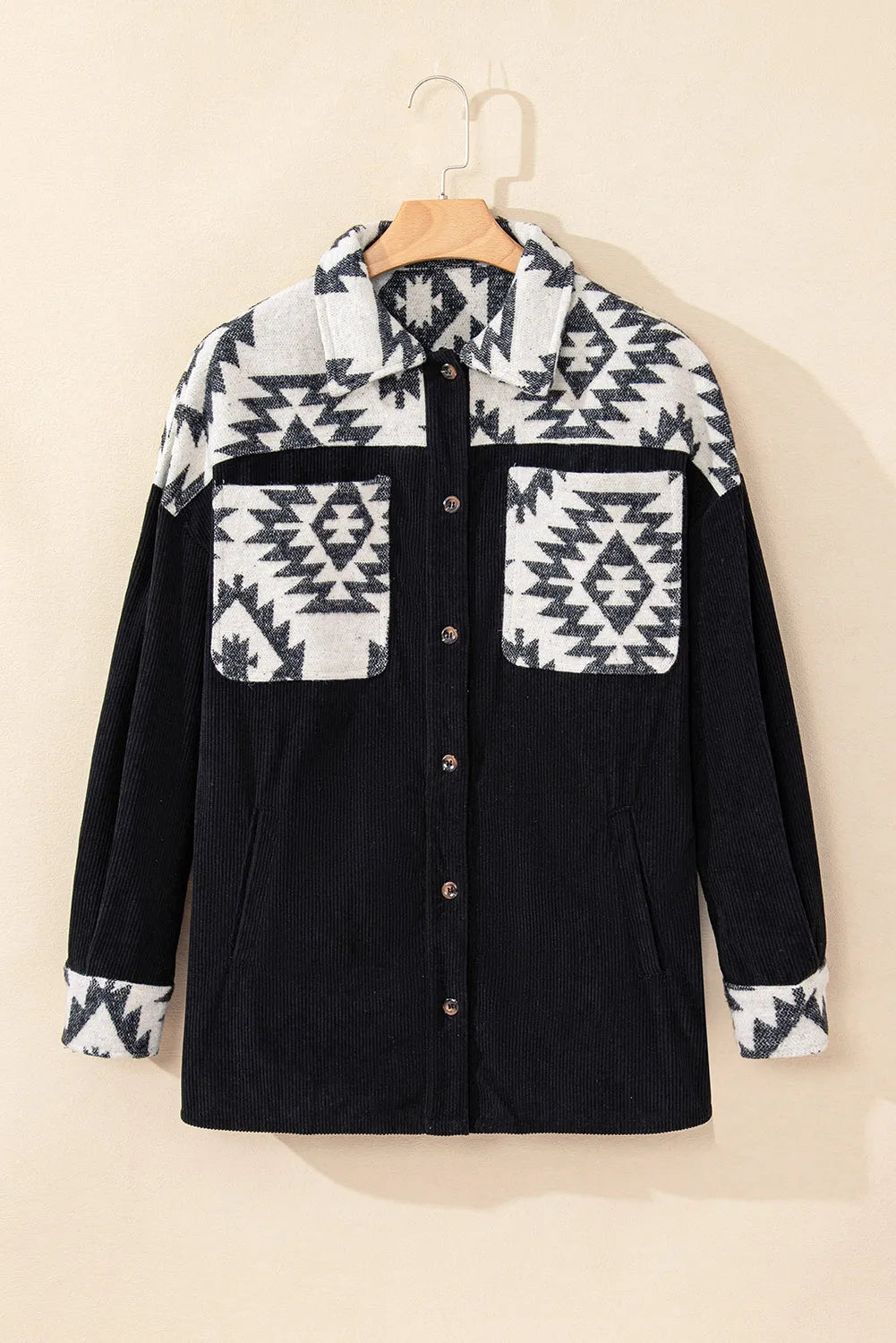 Black Aztec Patchwork Buttoned Corduroy Shacket - Chic Meadow Boutique 