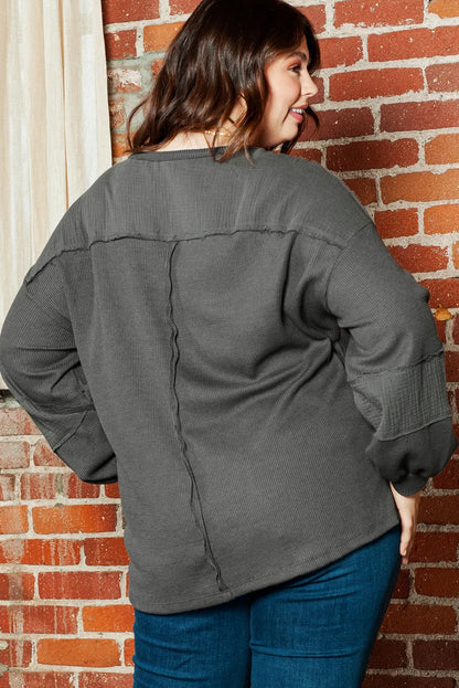 Dark Grey Plus Size Exposed Seam Crinkle Patchwork Top - Chic Meadow Boutique 