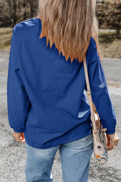 Dark Blue Ribbed Corduroy Oversized Sweatshirt - Chic Meadow Boutique 