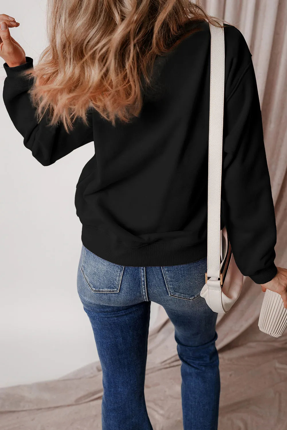 Black Solid Fleece Lined Drop Shoulder Terry Sweatshirt - Chic Meadow Boutique 