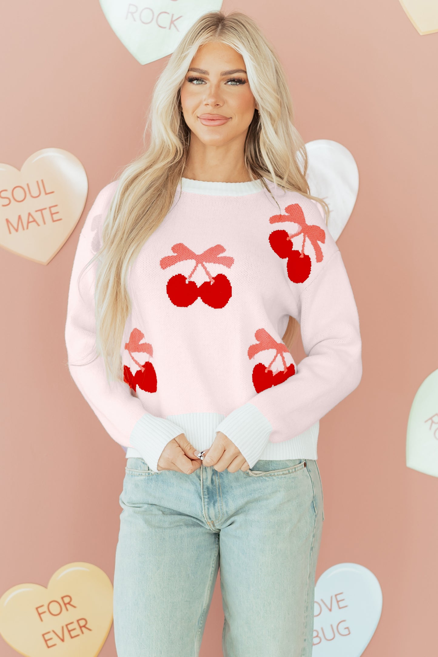 White Cherry Pattern Drop Shoulder Sweater