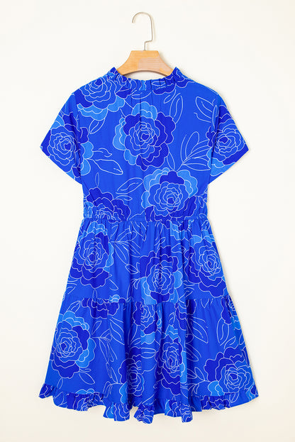 Blue Floral Ruffled Hem V Neck Short Sleeve Flowy Mini Dress