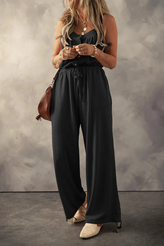 Black Knotted Straps Button Textured Drawstring Jumpsuit - Chic Meadow Boutique 