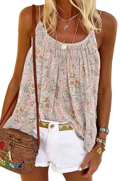 White Boho Floral Print Spaghetti Straps Tank Top - Chic Meadow Boutique 