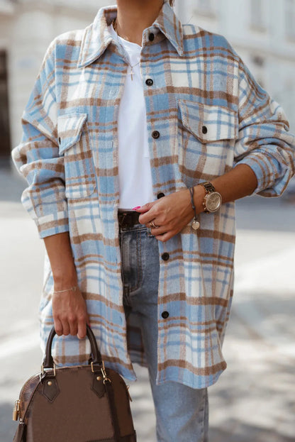 Sky Blue Plaid Flap Pocket Long Sleeve Shacket - Chic Meadow Boutique 