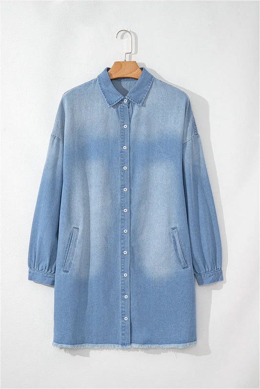 Beau Blue Risen Medium Washed Denim Shirt Dress - Chic Meadow Boutique 