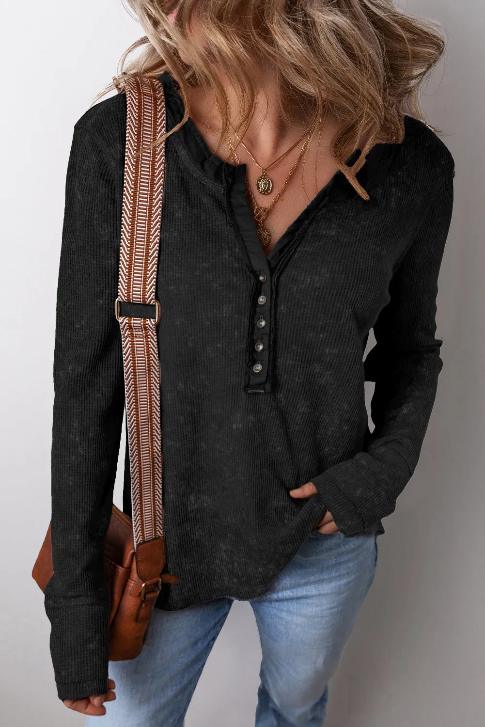 Black Acid Wash Waffle Knit Buttoned Neckline Long Sleeve Top - Chic Meadow Boutique 