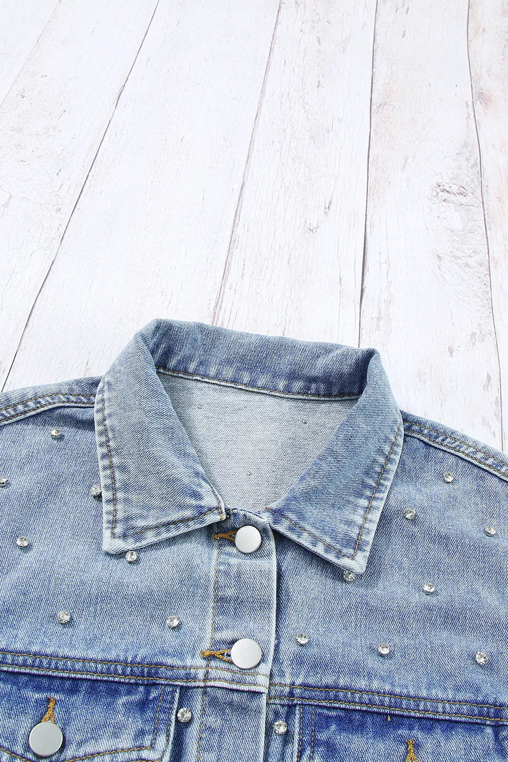 Mist Blue Rhinestones Studded Denim Jacket - Chic Meadow Boutique 