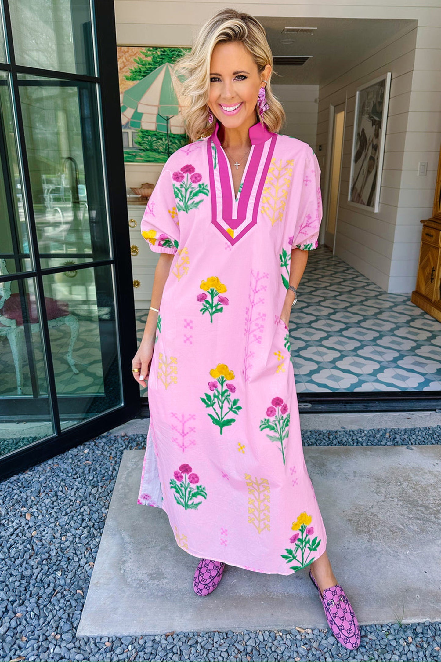 Pink Floral Print Short Sleeve Colorblcok Trim V Neck Midi Dress