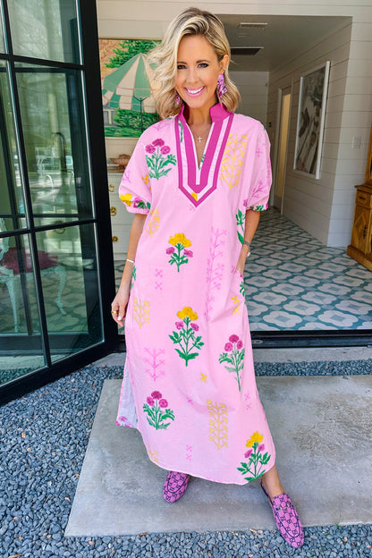 Pink Floral Print Short Sleeve Colorblcok Trim V Neck Midi Dress