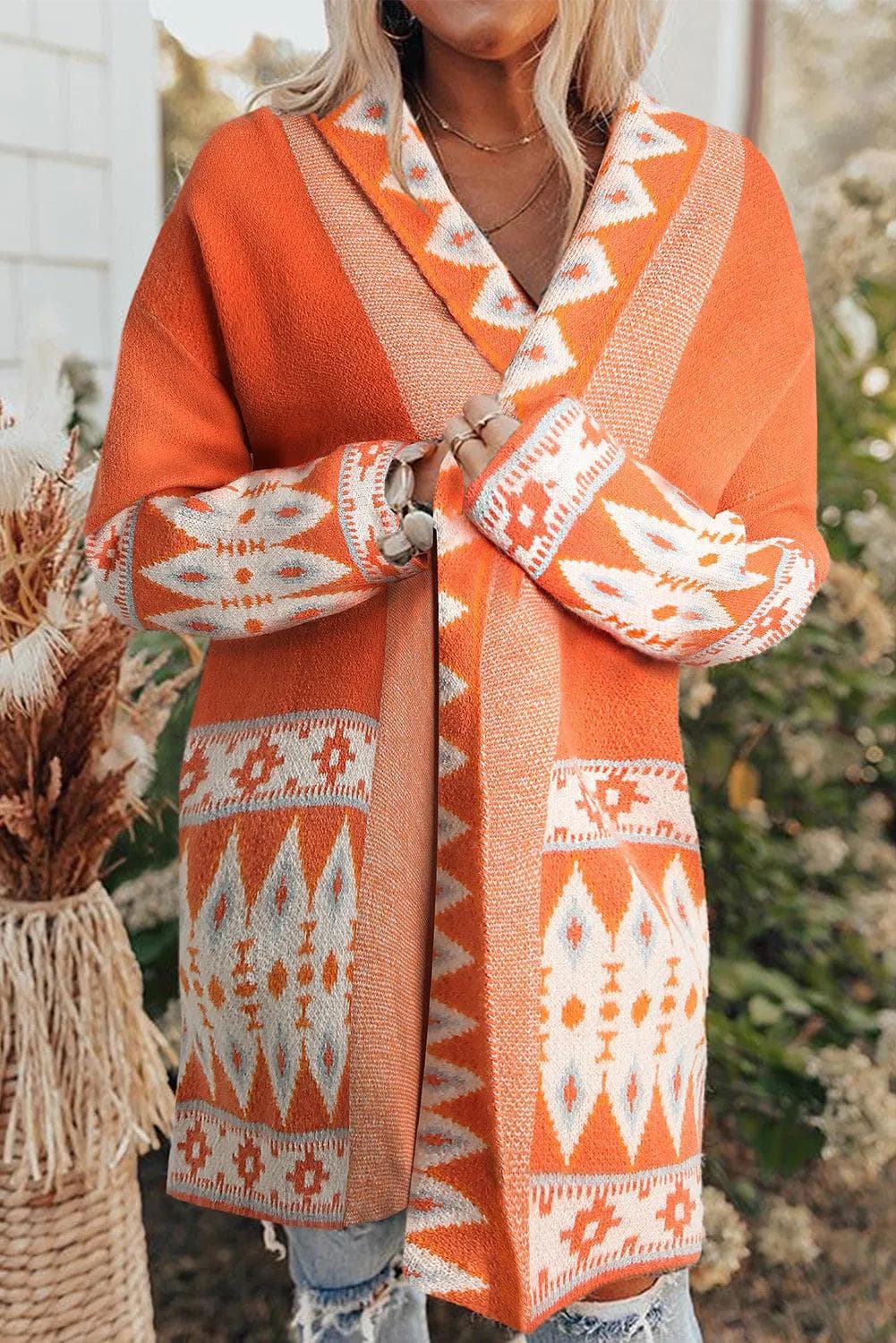 Tops/Sweaters & Cardigans Orange Printed / S / 48%Acrylic+28%Nylon+24%Rayon Orange Printed Aztec Print Open Front Knitted Cardigan