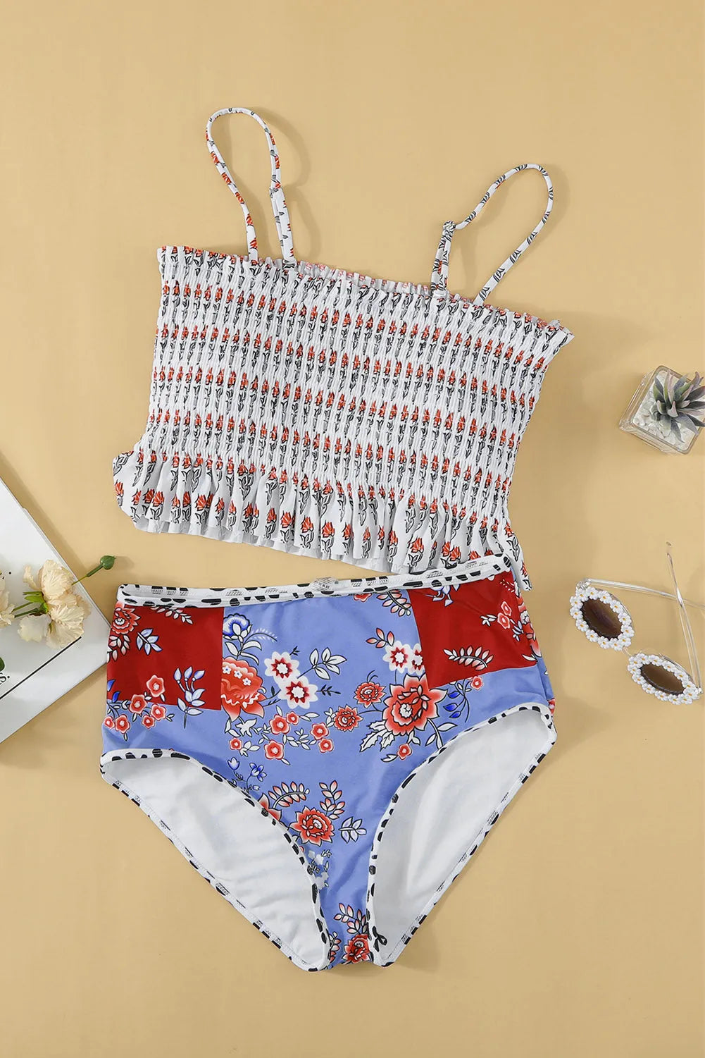 White Printed Smocked High waisted swimsuits - Chic Meadow Boutique 